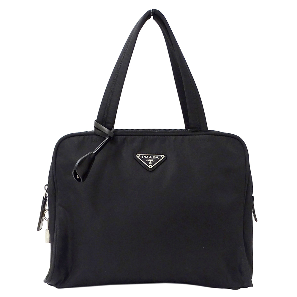 Prada handbag for women, brand name, nylon, black, logo.